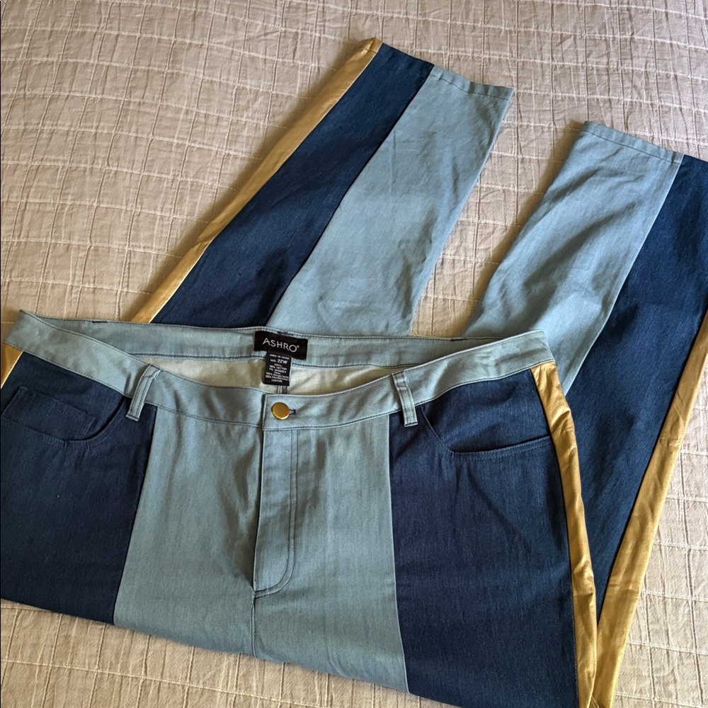 Ashro Two-Tone Stripe Trousers in Light Blue, Navy & Gold Trim